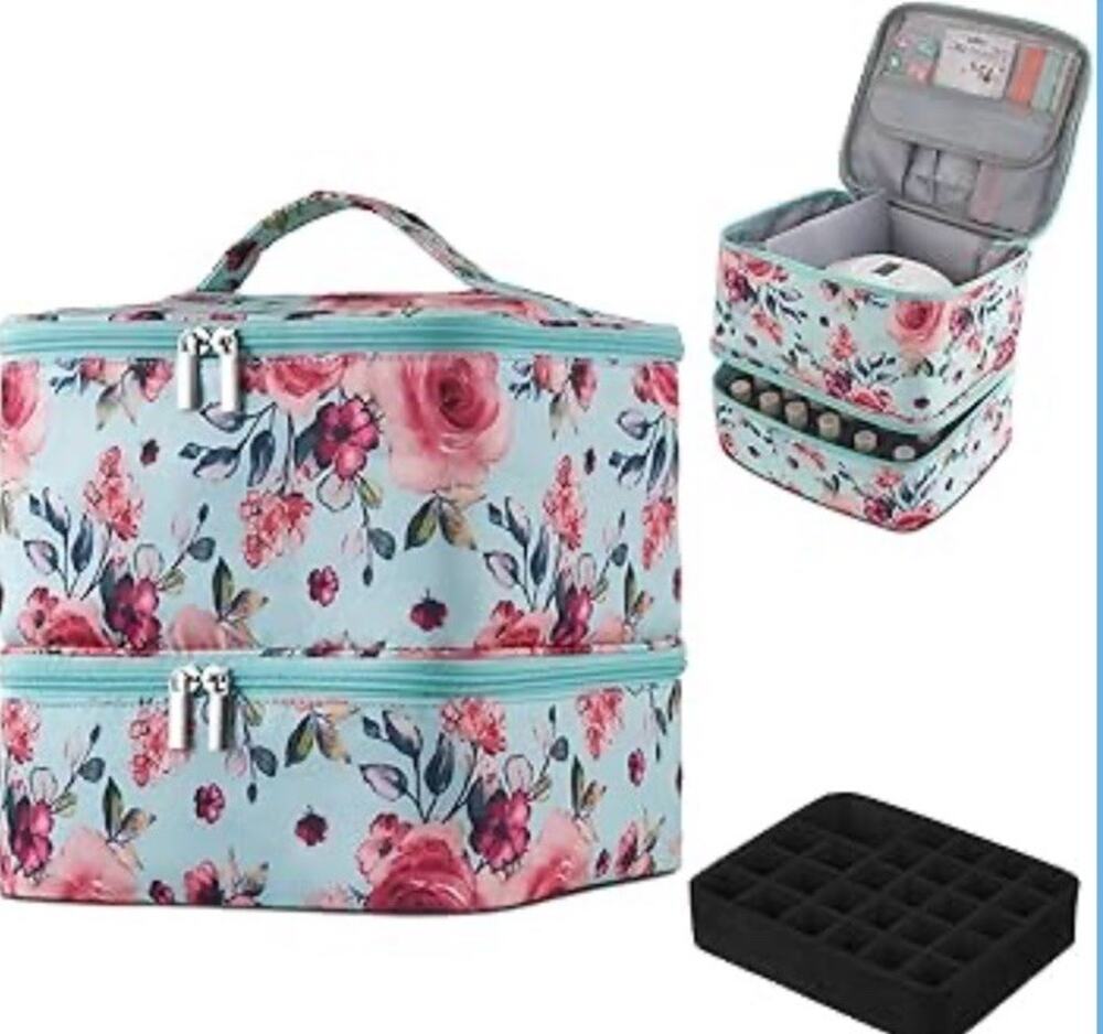Double-Layer Nail Polish Organizer Bag, Holds 27 Bottles Aqua Floral
